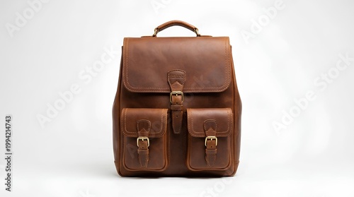 Leather backpack, brown color, front view, clean product shot, plain white background
