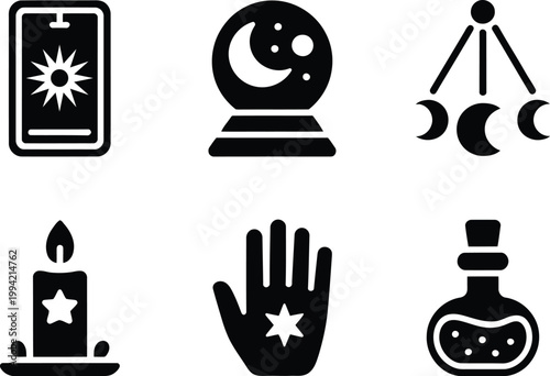 Set of black esoteric featuring tarot card, crystal ball, moon phases, candle, and potion