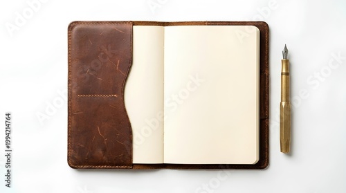 Leather notebook with pen, open notebook, flat lay, clean white background