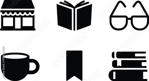Set of black featuring a shop, open book, eyeglasses, coffee cup, bookmark, and book stack