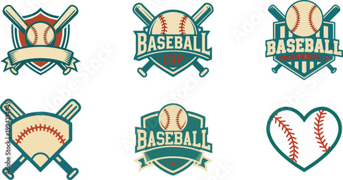 Vintage baseball badge logo collection with bats ball glove and heart shapes retro sports emblems vector set for team branding apparel print sticker design isolated on white background