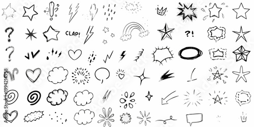 Collection of hand drawn doodle elements including stars lightning and hearts