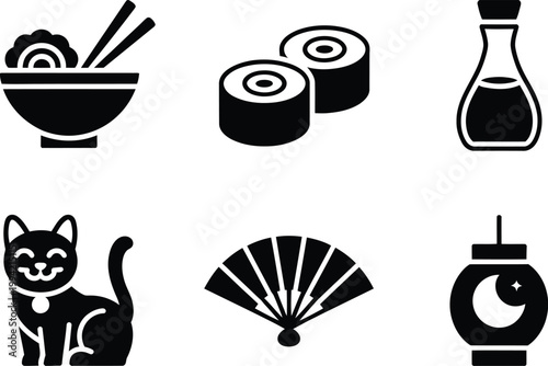 Set of japanese culture featuring ramen, sushi, soy sauce, maneki neko, fan, and lantern