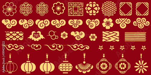 Collection of ornate golden chinese patterns and traditional decorative elements