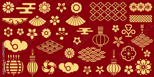 Golden japanese and east asian ornamental design elements on red background