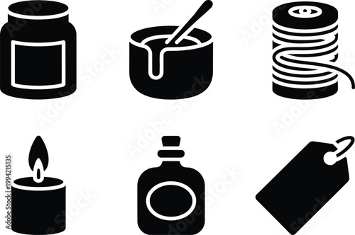 Set of six black glyph featuring a jar, mixing bowl, spool of thread, candle, and tag