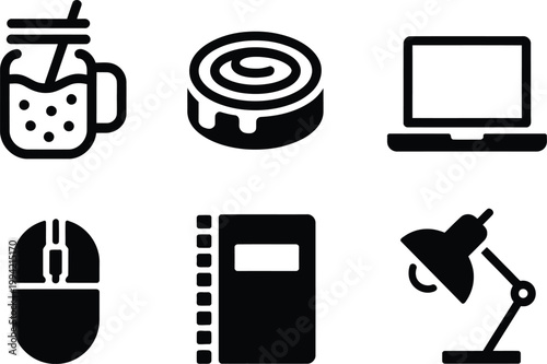 Set of six black silhouette including a mason jar drink, cinnamon roll, laptop, and lamp