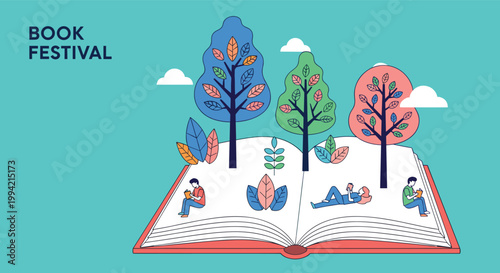 Book festival illustration with open book landscape trees and people reading education event creative vector poster design