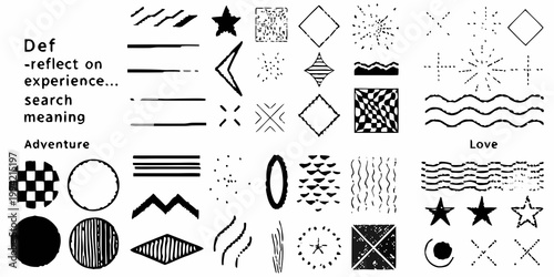 Collection of abstract black and white shapes lines and symbolic text
