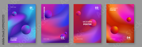 Set of modern abstract posters featuring fluid gradient backgrounds and floating 3D spheres with vibrant neon colors for creative design projects