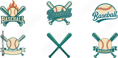 Vintage baseball logo set with crossed bats ball flame and script typography retro sports emblems vector collection for team branding apparel print stickers isolated on white background