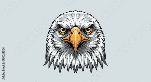 A detailed vector illustration of a bald eagle's head facing forward, featuring sharp yellow eyes, a hooked beak, and expressive white and grey feathers on a light background.