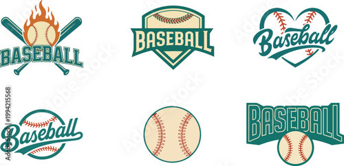 Vintage baseball logo collection with flame crossed bats shield badge script typography and ball icons retro sports vector set for team branding apparel print stickers isolated on white background