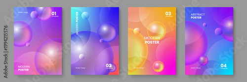 Modern abstract posters featuring glassmorphism effects and transparent glowing bubbles over soft gradient backgrounds