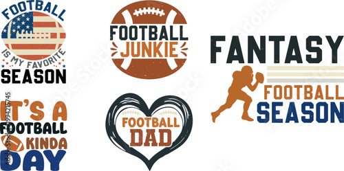 Football season typography badges with fantasy sports dad junkie quotes and player silhouette modern vector set for t shirt print sticker poster design isolated on white background