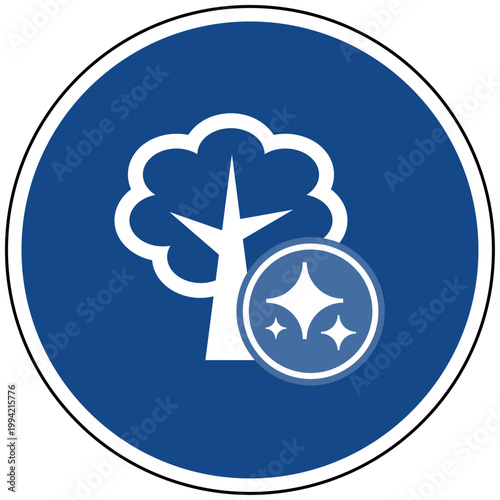 Abstract circular blue icon featuring a white tree silhouette combined with sparkle symbols, representing the integration of artificial intelligence in nature and environment