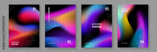 Futuristic abstract posters featuring dark vibrant gradients combined with vertical stripe patterns and glitch aesthetic