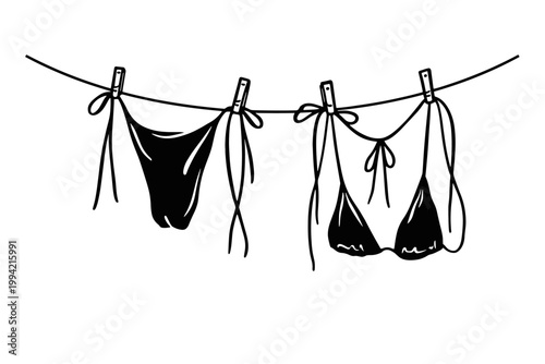 Minimalist bikini vector illustration, black swimsuit hanging on clothesline with pins, summer beach swimwear sketch, hand drawn bikini set