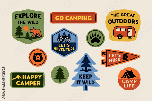 Vintage camping badges and outdoor adventure patches, retro wilderness stickers with bear and forest icons, set of 11 nature exploration vector labels