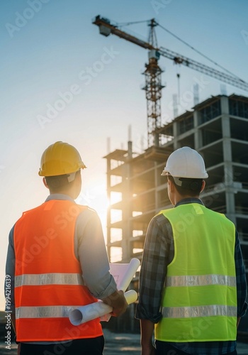 Two engineers with blueprints at a construction site with crane