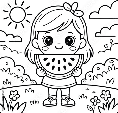 Coloring page of a cute girl holding a watermelon slice outdoors