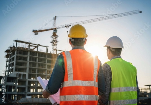 Two engineers with blueprints at a construction site with crane