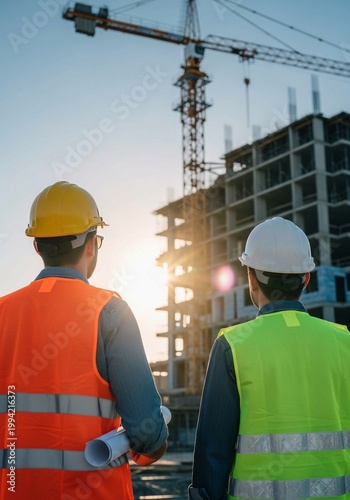 Two engineers with blueprints at a construction site with crane