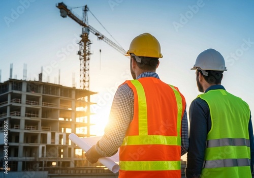 Two engineers with blueprints at a construction site with crane
