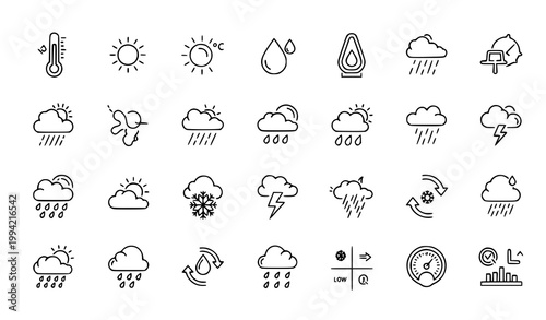 Climate atmospheric conditions linear icon set weather vector
