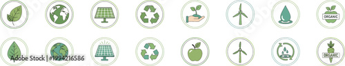Eco friendly lifestyle vector icons set, sustainable living and waste reduction symbols, recycling bins and reusable grocery bag illustrations