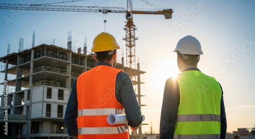 Two engineers with blueprints at a construction site with crane