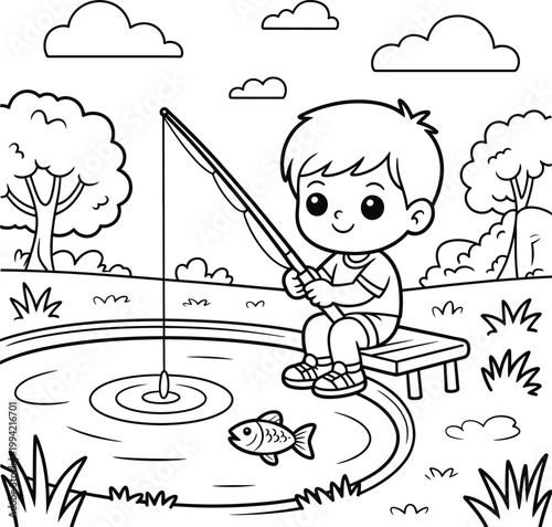 Coloring page of a happy boy fishing by a pond with a caught fish