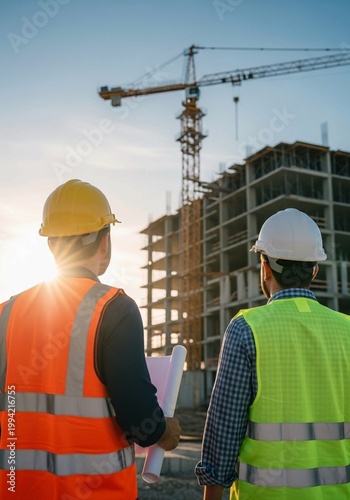 Two engineers with blueprints at a construction site with crane