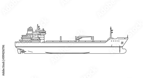 Black and White Line Art Illustration of a Cargo Ship