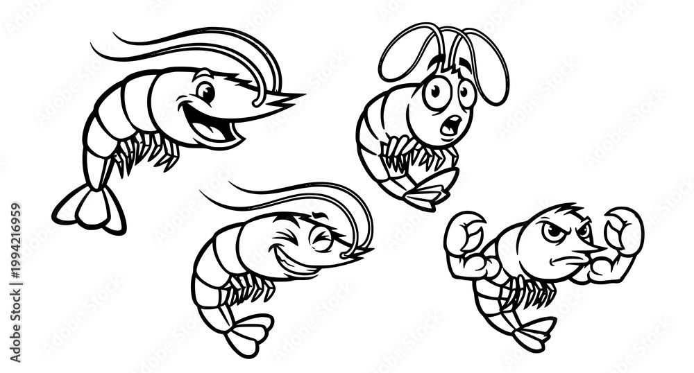 Fototapeta premium Playful shrimp characters a black and white illustration of four expressive crustaceans with unique personalities