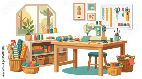 Sewing machine on a wooden worktable.