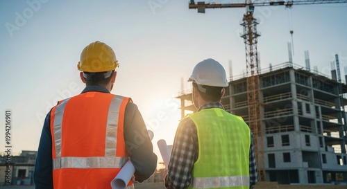 Two engineers with blueprints at a construction site with crane