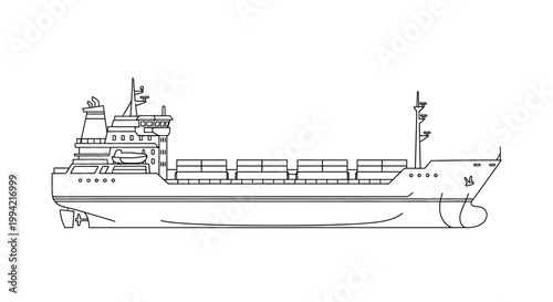 Line Art Illustration of a Cargo Container Ship