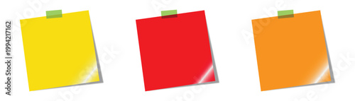 Three blank colorful sticky notes pinned with green tape yellow red orange paper vector illustration bundle