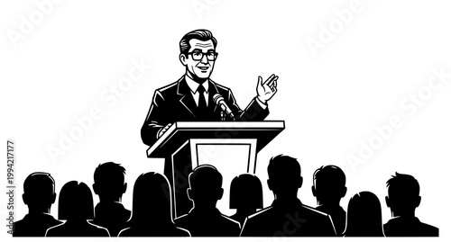A vintage style illustration depicts a charismatic male speaker addressing a silhouetted audience with a confident gesture