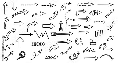 Collection of diverse black arrows and directional elements on a clean white background illustrating movement and guidance