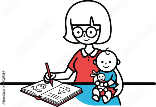 Mother Drawing or Writing in Notebook with Baby, Creative Parenting and Early Childhood Education Concept Vector Illustration
