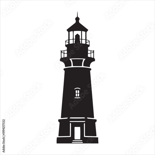Minimalist black lighthouse silhouette isolated on white background