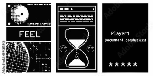 Abstract digital art collage with retro computer aesthetics and time themes