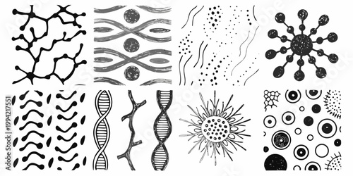 Collection of hand drawn biological and abstract cellular patterns