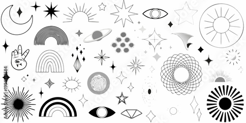 Celestial and mystical shapes arranged in a black and white illustration