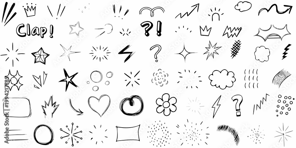 Fototapeta premium Collection of hand drawn comic book style speech bubbles and decorative elements