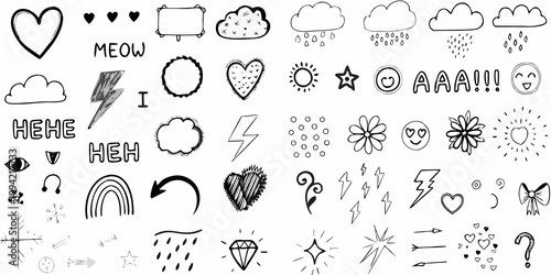 Collection of hand drawn doodle elements including hearts clouds and lettering