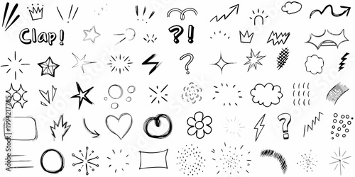 Collection of hand drawn comic book style speech bubbles and decorative elements