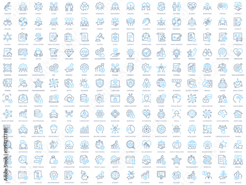 Business, management and technology icon set. Representing workflow, security, communication, analytics and innovation in line style collection.
